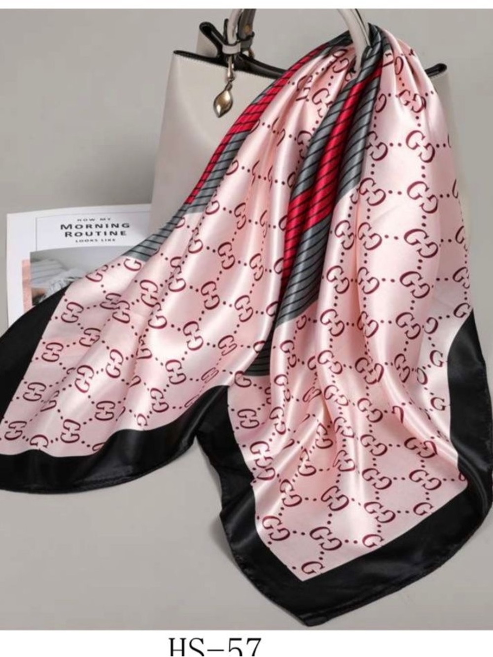 Luxury Pink Logo Silk-Feel Scarf with Black Border
